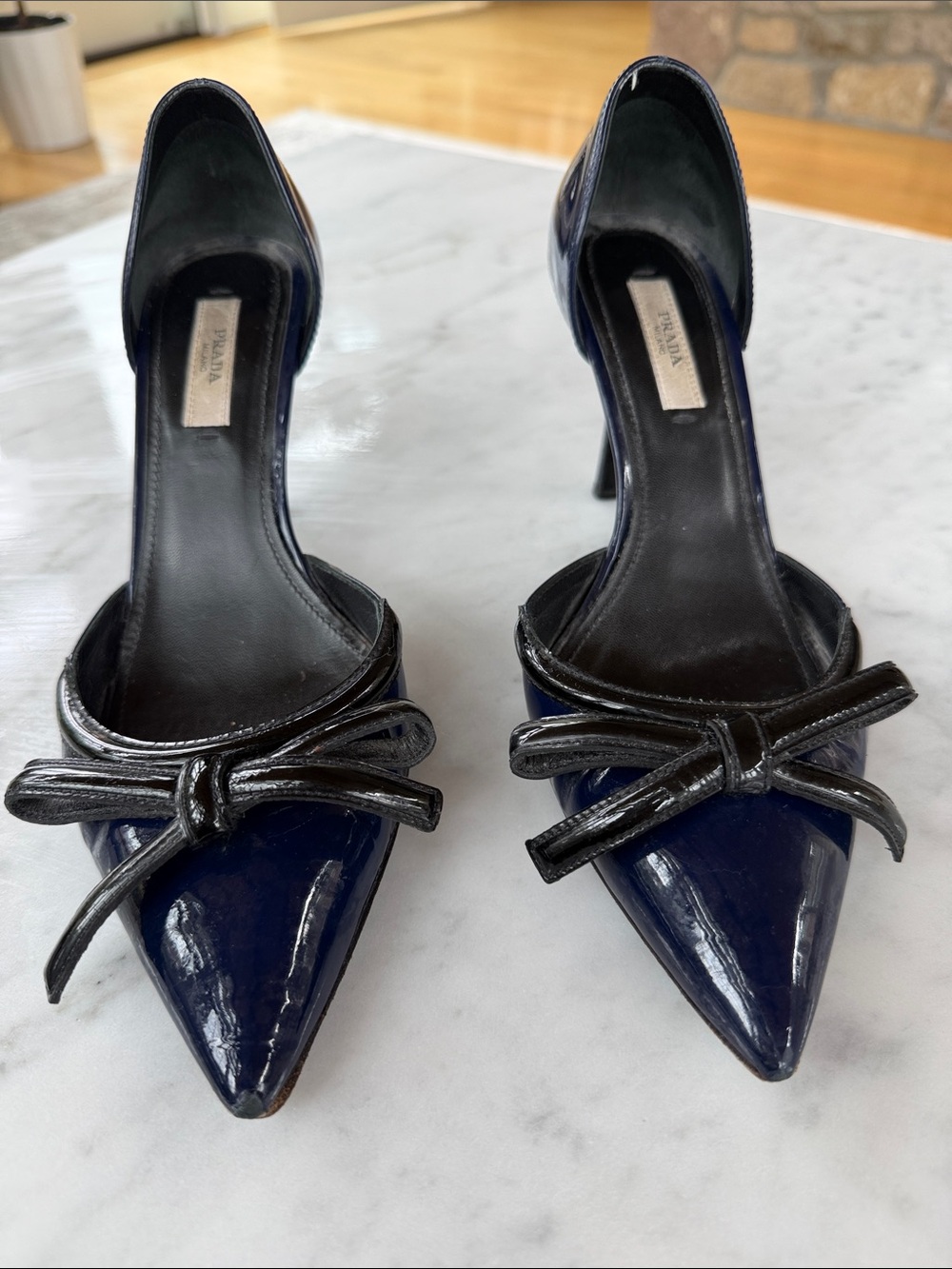 Prada Navy Patent D'Orsay Pointed-Toe Heels with Black Bow Accent